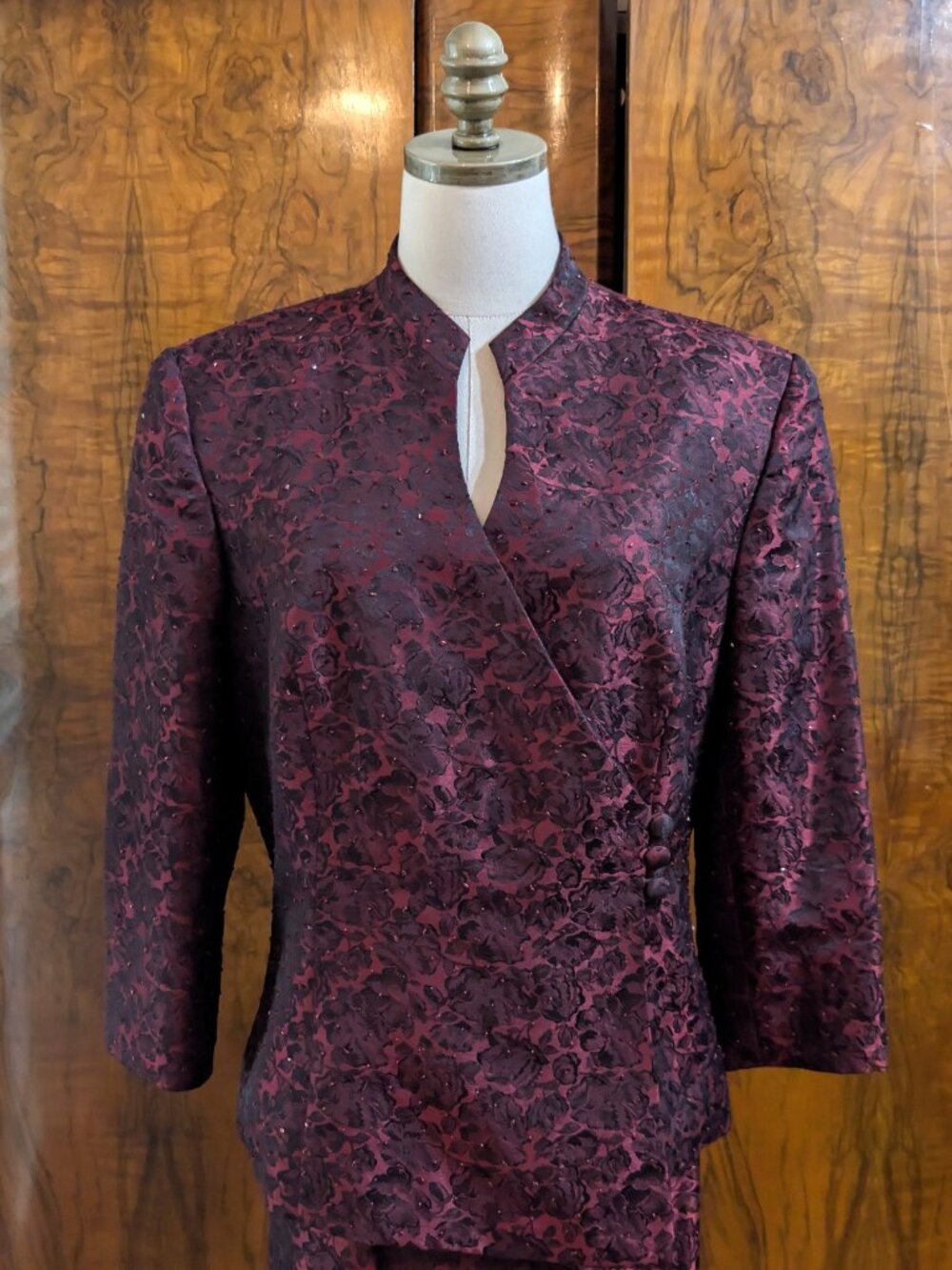 Alex Evenings Formal Jacket & Maxi Skirt Suit Set 14 Burgundy Black Jacquard Bea - Picture 4 of 10